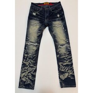 Makobi Mens Distressed Acid Wash Moto Slim Fit Jeans Blue M1911 32x32